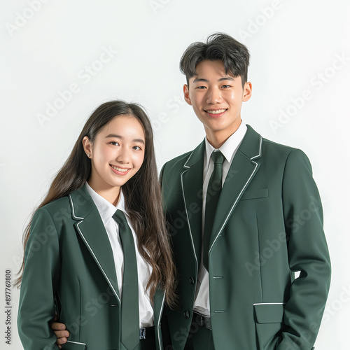 Two Happy Students boy and girl in School Uniform with Glasses, Ready for Back to School and New Academic Year. photo