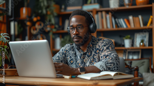 student from South Africa is studying science in the library. headphones on his head, a computer next to him,