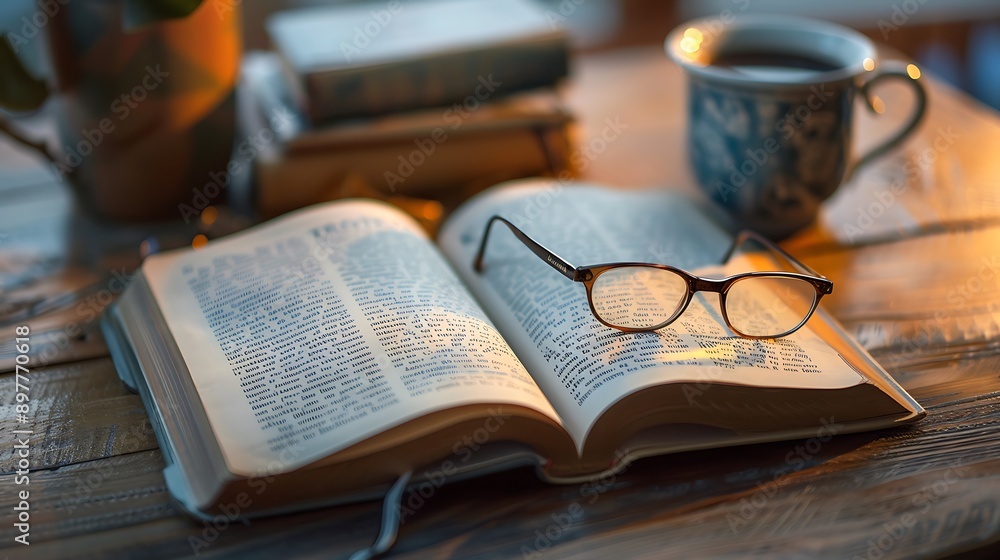Photorealistic image of an open textbook on a desk with reading glasses and a cup of coffee perfect for portraying lifestyle and study themes ideal for microstock photography Photorealistic image of an open textbook on a desk with reading glasses and a cup of coffee perfect for portraying lifestyle and study themes ideal for microstock photography