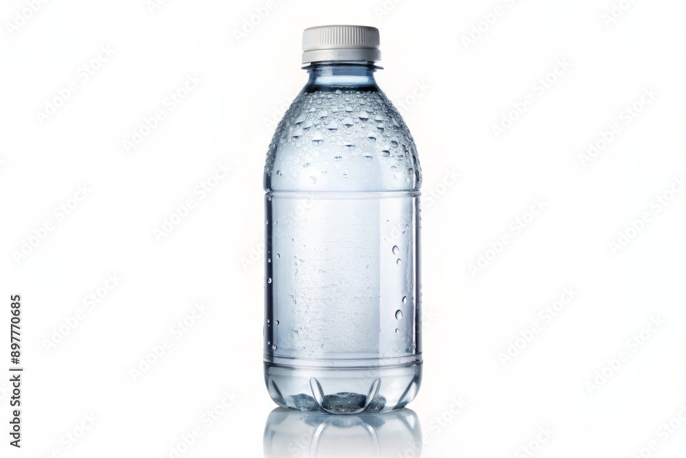 Sparkling clear plastic water bottle with screw-top lid and rounded shape sits isolated on a clean white background, filled with refreshing crystal-clear drinking water. Sparkling clear plastic water bottle with screw-top lid and rounded shape sits isolated on a clean white background, filled with refreshing crystal-clear drinking water.