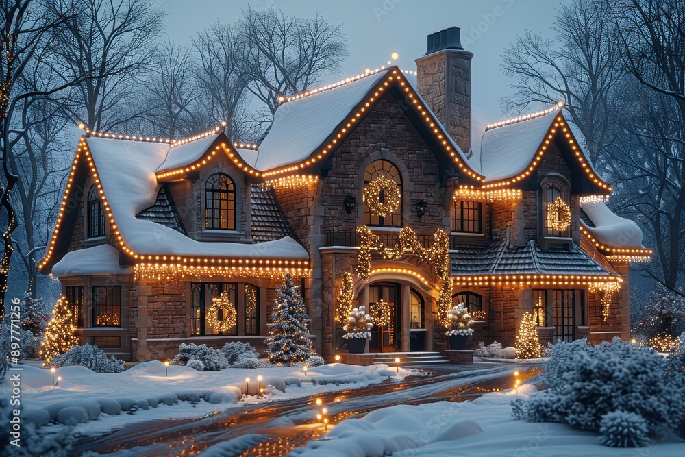 Beautiful Two-Story House Decorated with Christmas Lights and Wreaths, Snow-Covered Front Yard, Front View Wide Shot Night Scene, Photo-Realistically Rendered
Beautiful Two-Story House Decorated with Christmas Lights and Wreaths, Snow-Covered Front Yard, Front View Wide Shot Night Scene, Photo-Realistically Rendered