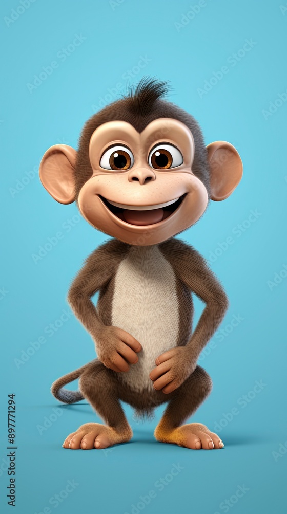 Fototapeta premium cute monkey card 3d render with one color background, generative ai