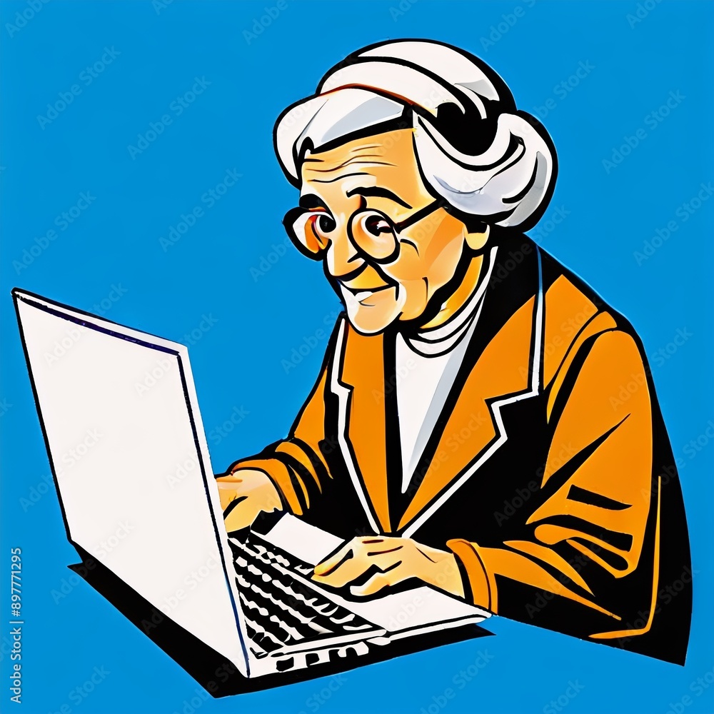 Old woman lady on laptop, yelling at the phone, enjoying the internet, older person, edna, Vector art, Old woman lady on laptop, yelling at the phone, enjoying the internet, older person, edna, Vector art,