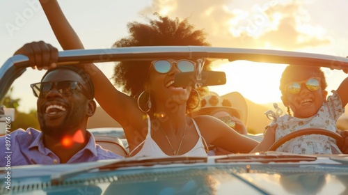 multicultural family on road trip singing in convertible at sunset