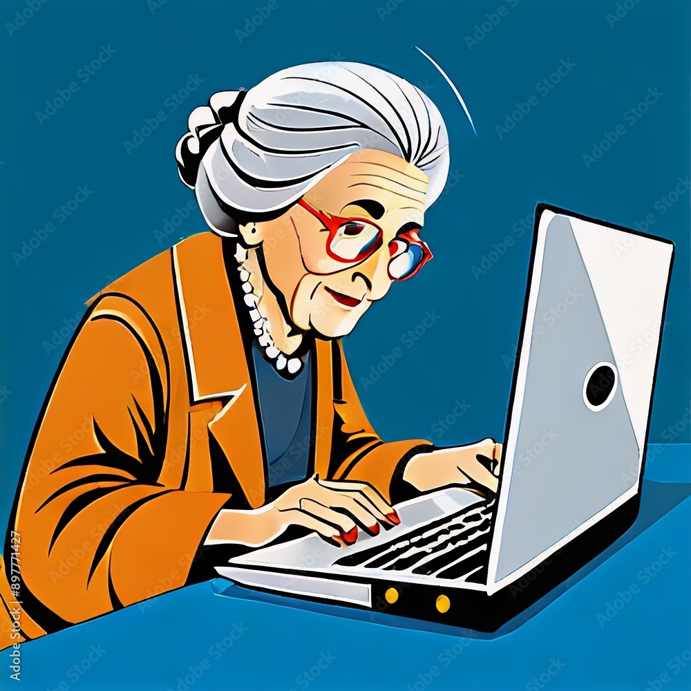 Old woman lady on laptop, yelling at the phone, enjoying the internet, older person, edna, Vector art, Old woman lady on laptop, yelling at the phone, enjoying the internet, older person, edna, Vector art,
