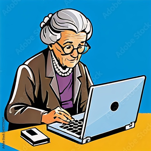 Old woman lady on laptop, yelling at the phone, enjoying the internet, older person, edna, Vector art,