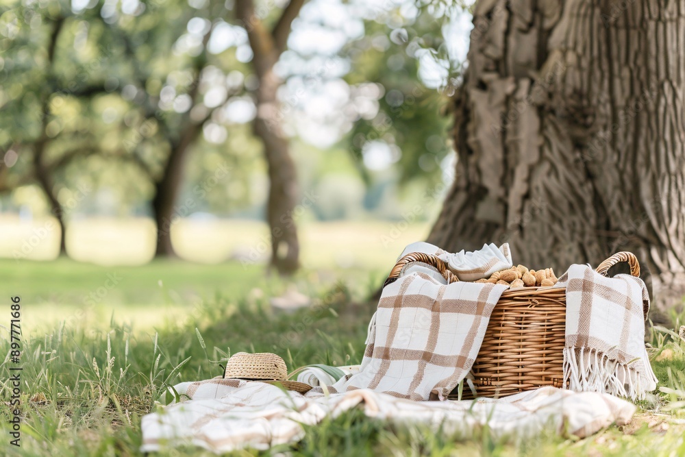 Fototapeta premium Picnic basket and blanket on grass in the shade of a tree.