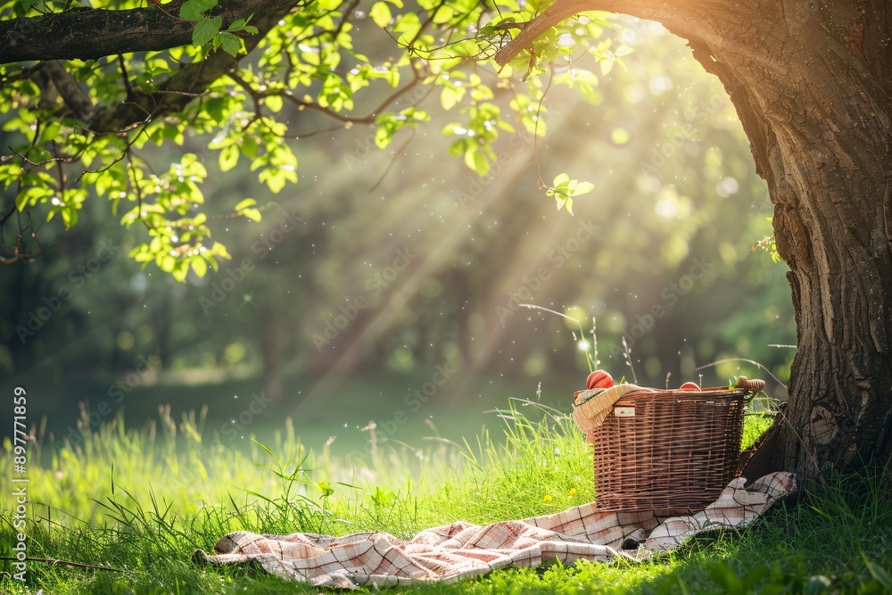 Picnic Basket Under Tree with Blanket. Picnic Basket Under Tree with Blanket.