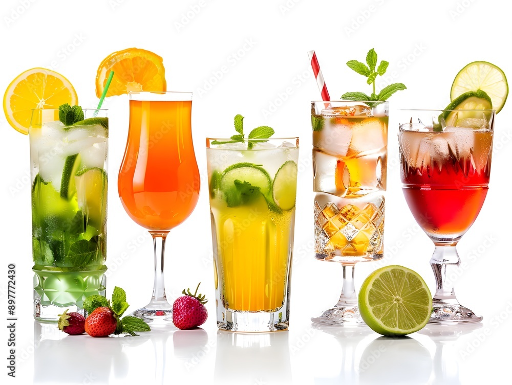 Assorted refreshing cocktails in various glasses isolated on white background Assorted refreshing cocktails in various glasses isolated on white background