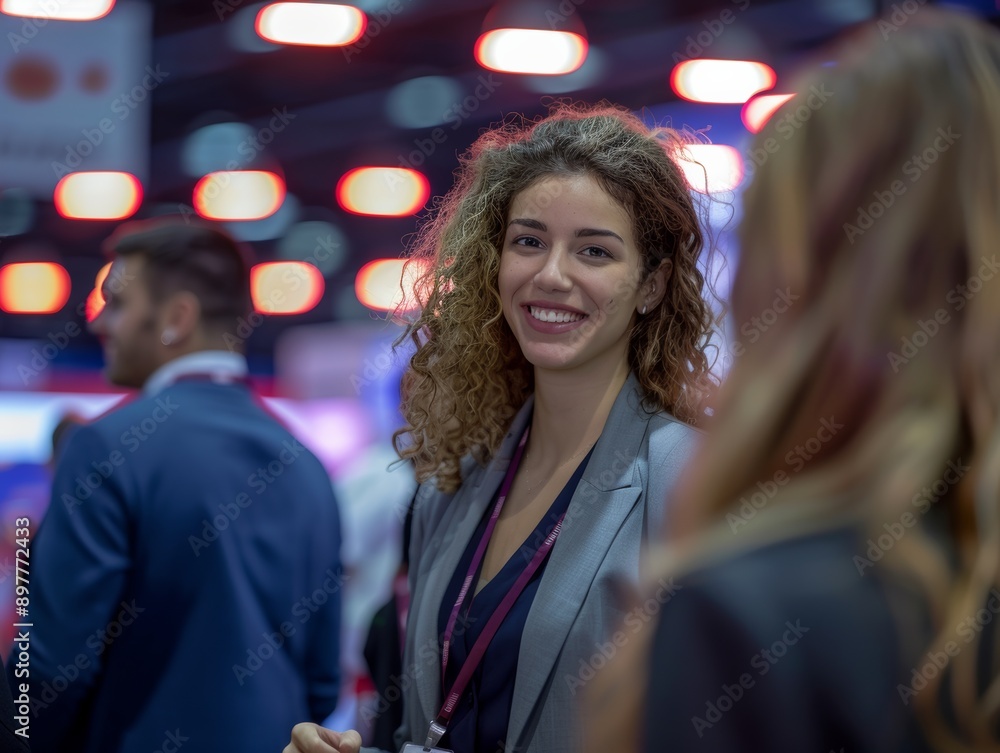 A candid shot of a woman conversing at a trade fair, gaining valuable experience and knowledge from industry experts. A candid shot of a woman conversing at a trade fair, gaining valuable experience and knowledge from industry experts.