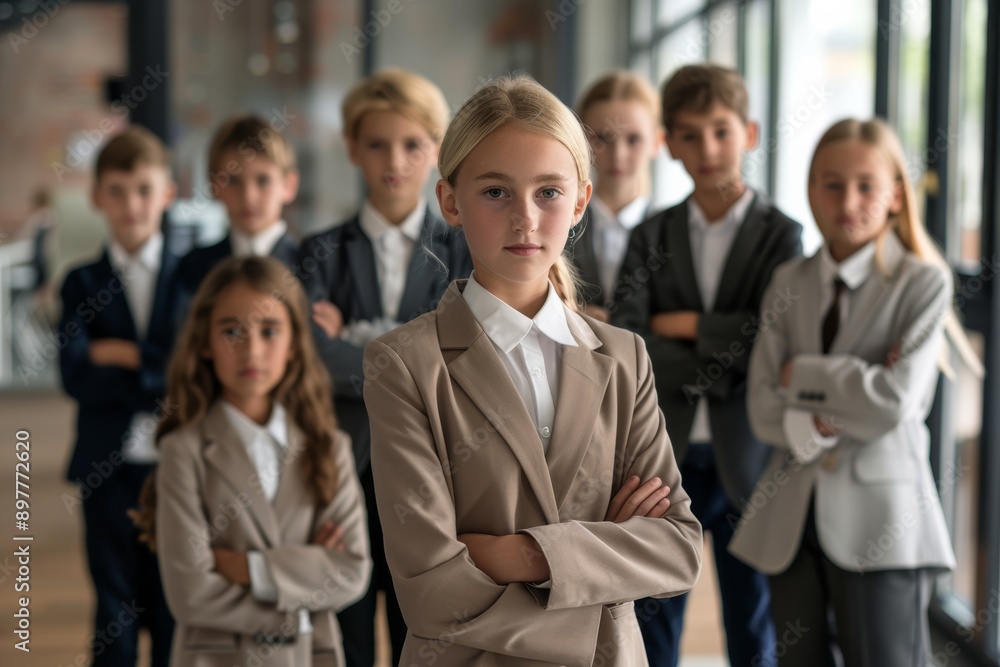 A diverse new business of young girls smiling at the camera, standing together in a startup environment. A diverse new business of young girls smiling at the camera, standing together in a startup environment.