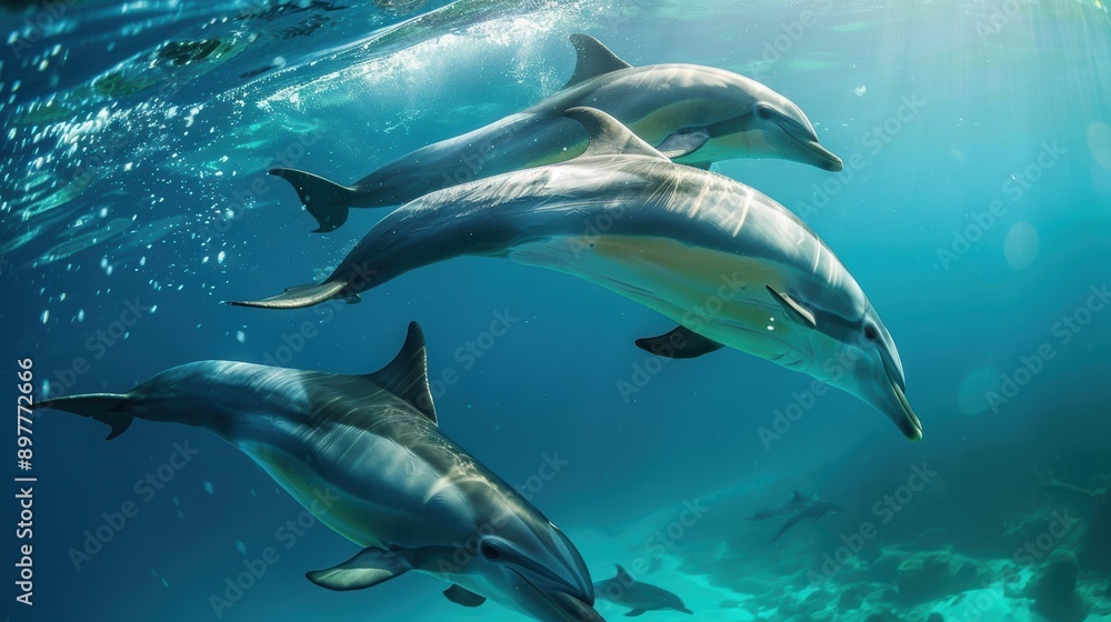 Obraz premium Dolphins swimming gracefully underwater, their sleek bodies gliding through the clear blue ocean. The sunlight filtering through the water enhances the beauty of this aquatic scene.