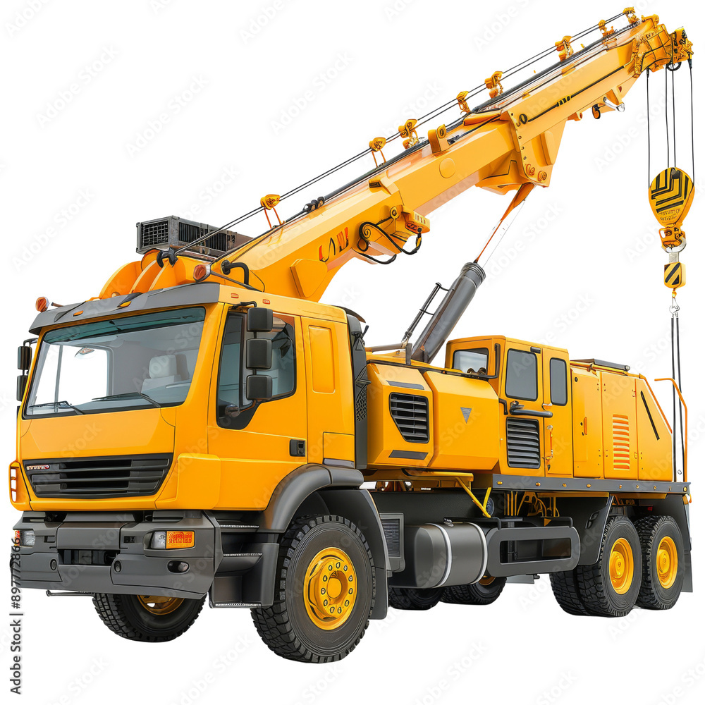 Heavy Duty Crane: Powerful yellow construction crane isolated on white background. A symbol of heavy lifting, construction, and industry. Heavy Duty Crane: Powerful yellow construction crane isolated on white background. A symbol of heavy lifting, construction, and industry.