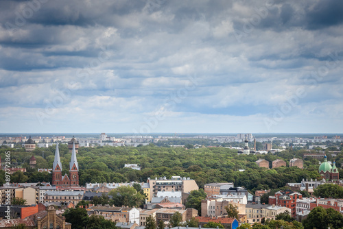 Aerial panorama of the center of riga, residential buildings and the old town of the city in background. Riga is the capital city of Latvia.