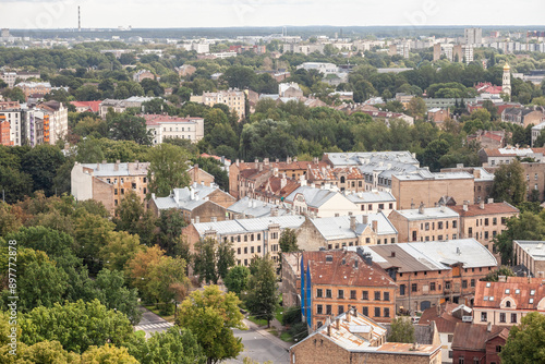 Aerial panorama of the center of riga, residential buildings and the old town of the city in background. Riga is the capital city of Latvia.