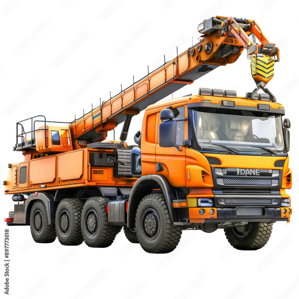 Heavy Lifting Hero: A powerful orange crane truck stands ready for action, its extended arm a testament to its industrial might. Heavy Lifting Hero: A powerful orange crane truck stands ready for action, its extended arm a testament to its industrial might.