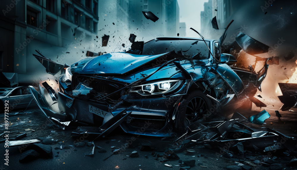 Devastating Car Crash in the City: A Wrecked Blue Car with Shattered ...