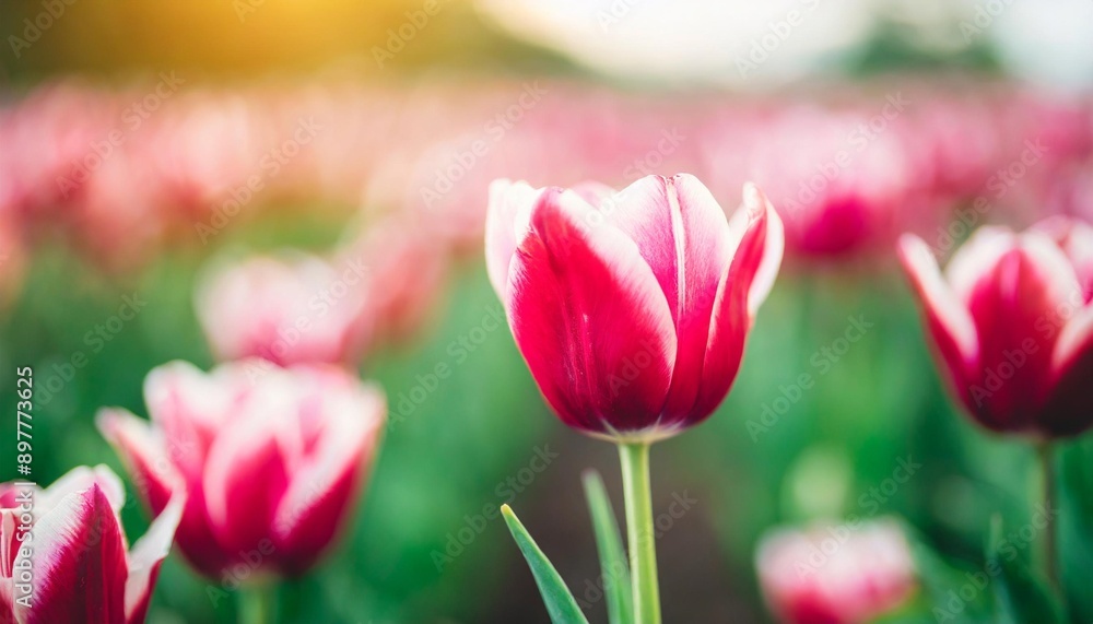 Pink tulip bloom, red beautiful tulips field in spring time with sunlight Pink tulip bloom, red beautiful tulips field in spring time with sunlight