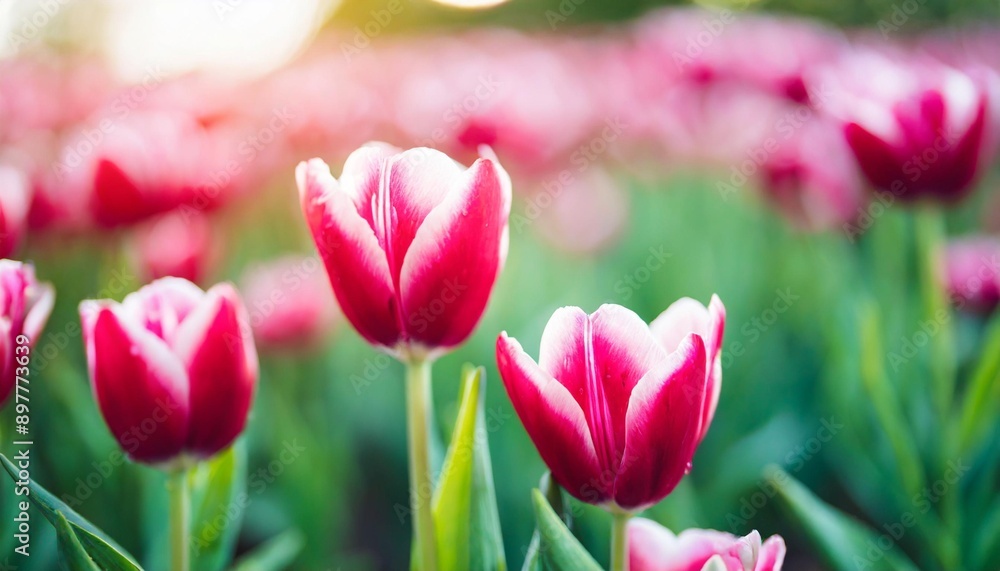 Pink tulip bloom, red beautiful tulips field in spring time with sunlight Pink tulip bloom, red beautiful tulips field in spring time with sunlight
