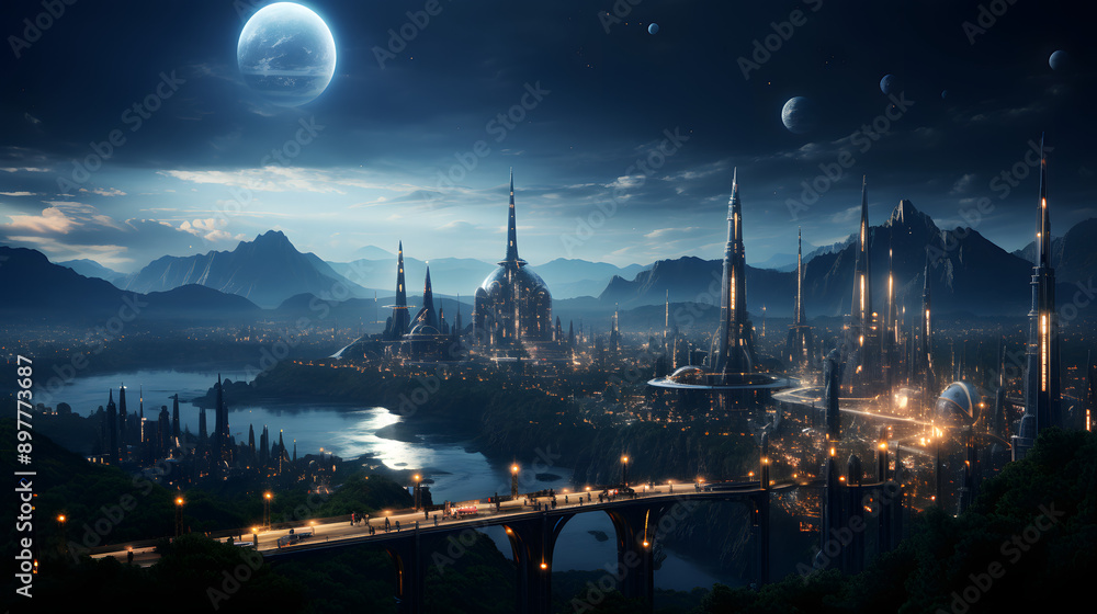 A futuristic cityscape with towering skyscrapers and a bridge overlooking a river under a dark sky with a large moon. A futuristic cityscape with towering skyscrapers and a bridge overlooking a river under a dark sky with a large moon.