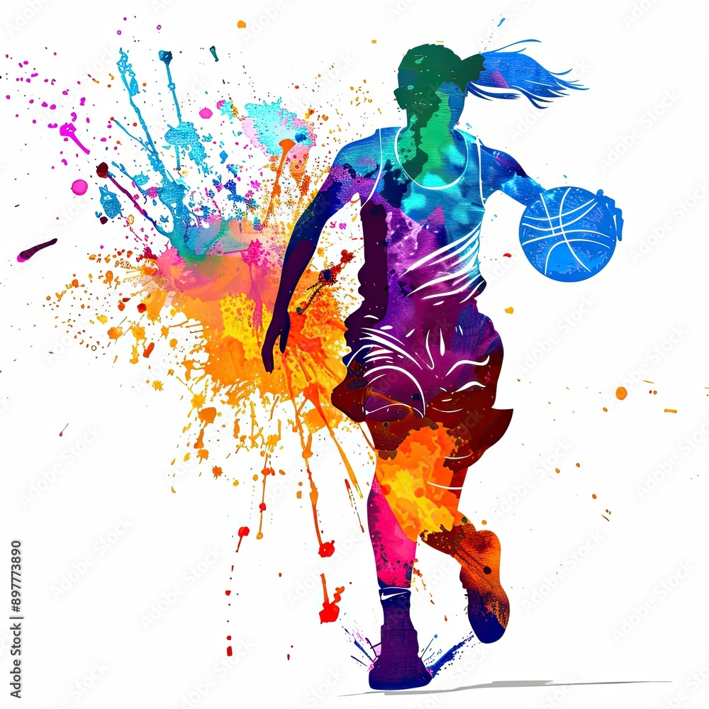 A basketball player in mid-motion, illustrated in a dynamic watercolor style with colorful splashes that bring the scene to life on a white background. A basketball player in mid-motion, illustrated in a dynamic watercolor style with colorful splashes that bring the scene to life on a white background.