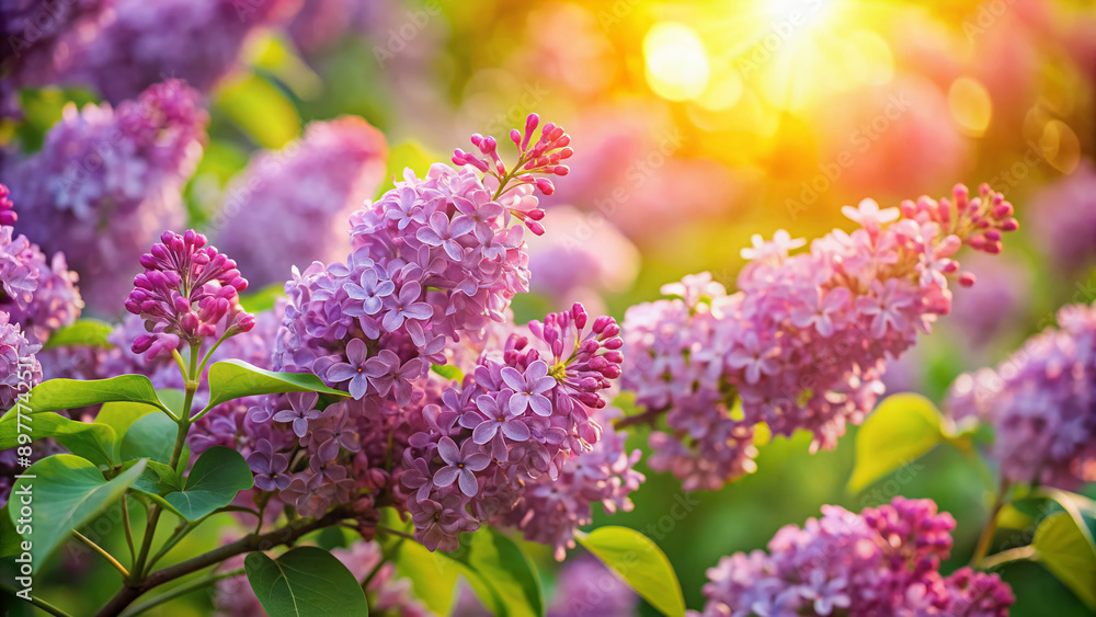 Fototapeta premium Vibrant purple lilacs bloom in lush clusters, their delicate petals dancing in the breeze, against a soft, serene natural background with warm sunlight filtering through.