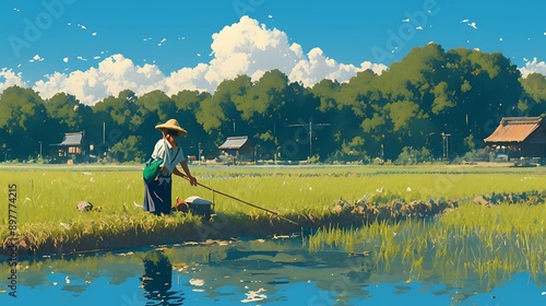 Japanese farmer on rice field anime lofi styel photo