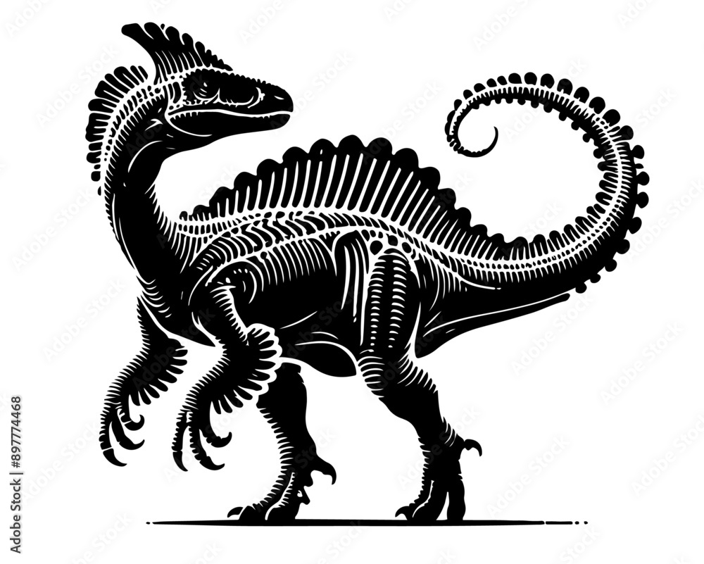 Obraz premium Dinosaur with intricate patterns, showcasing its distinctive features, black vector illustration against white background ¥