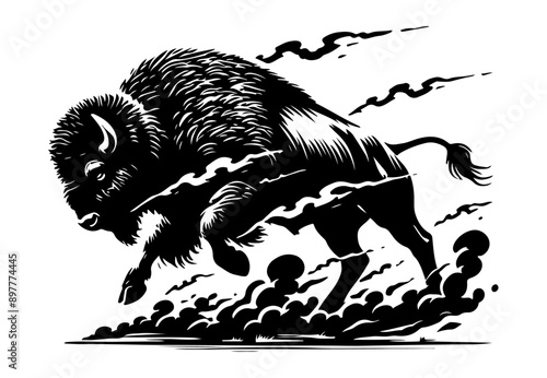  Powerful bison charging, emphasizing movement and strength. black vector illustration against white background ¥