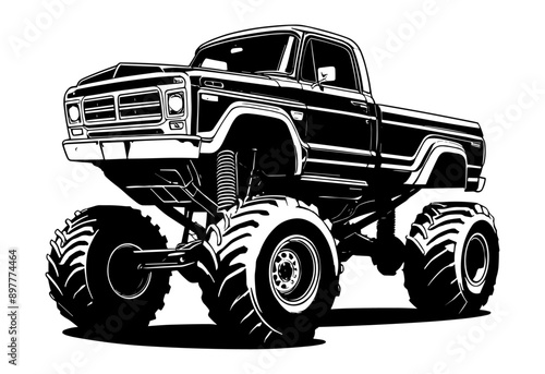 Monster truck with large wheels and elevated suspension, showcasing its rugged design and powerful presence. Black Vector illustration against white background ¥