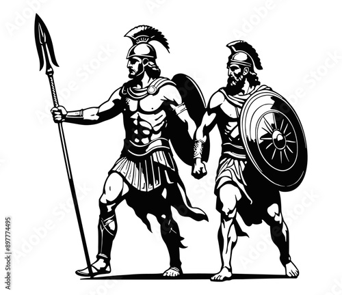 Two ancient Greek warriors in armor, holding spears and shields, symbolizing strength and bravery. Black Vector illustration against white background ¥