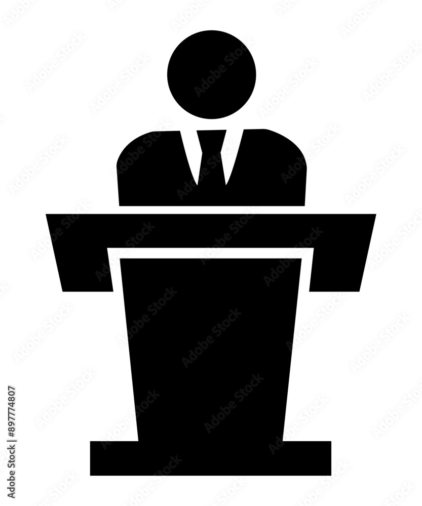 Speech of the tribune, a man speaks for a speaker, a silhouette. simple sticker black icon. Speech of the tribune, a man speaks for a speaker, a silhouette. simple sticker black icon.