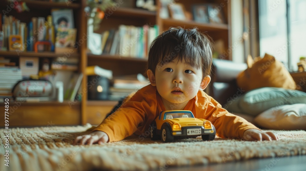 A young boy is playing with a toy car on the floor. A young boy is playing with a toy car on the floor.