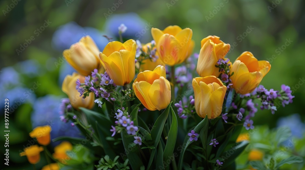 Bouquet of yellow tulips and violet flowers in spring Bouquet of yellow tulips and violet flowers in spring