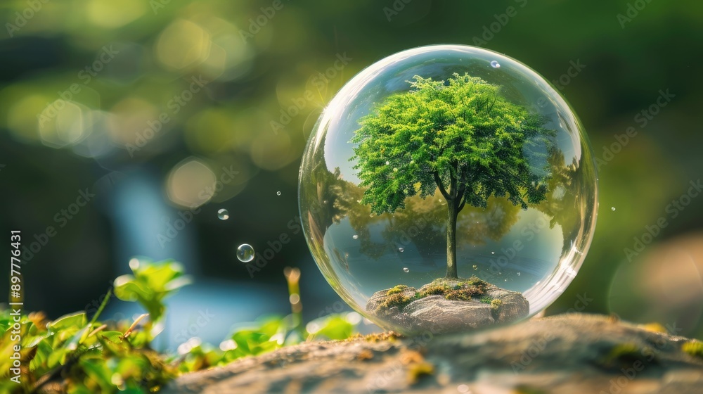 A Tree Encased in a Crystal Sphere on a Mossy Rock A Tree Encased in a Crystal Sphere on a Mossy Rock