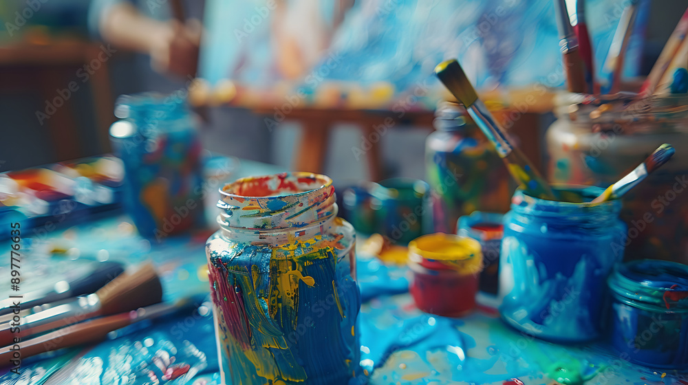 Messy table filled with an array of paintbrushes, displaying vibrant colors and artistic creativity. Messy table filled with an array of paintbrushes, displaying vibrant colors and artistic creativity.