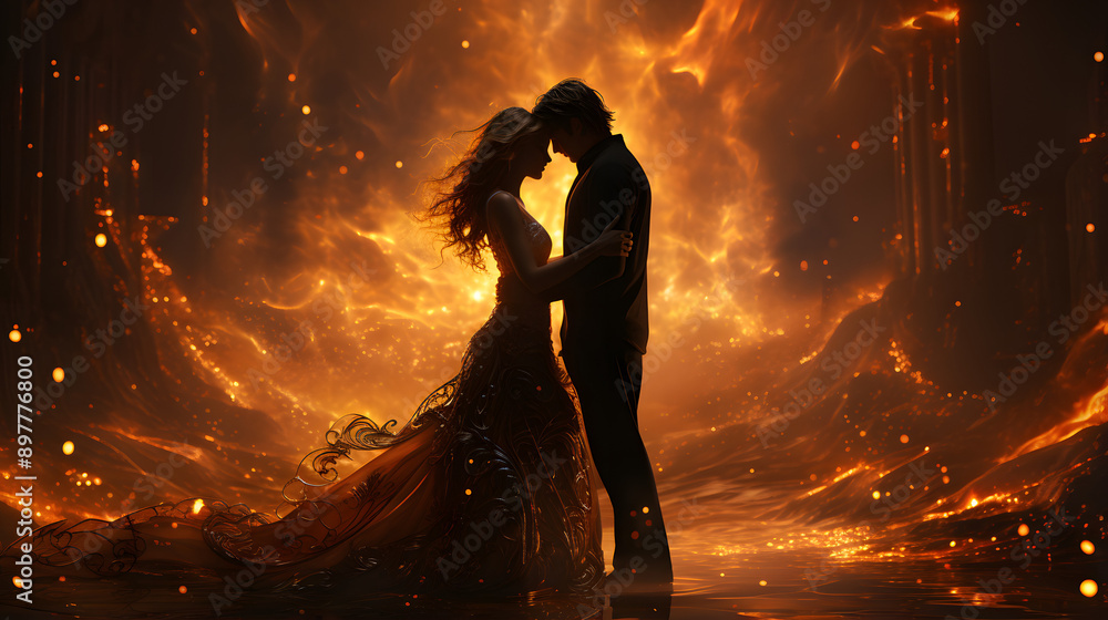 Obraz premium A couple silhouetted against a fiery, ethereal background. The man holds the woman close as they stand on a shimmering surface.