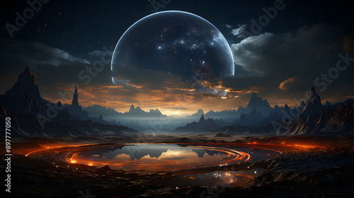 A serene alien landscape with a reflective pool of water mirroring a dramatic sky and a giant moon. The scene is a blend of vibrant colors and mysterious shadows.