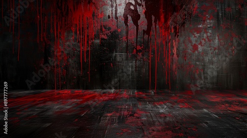 Black blood red horror background Interior room Concrete old wall floor Grunge Product display 3d rendering Empty space For mockup showcase design Stage Dark Spooky creepy Brokencracke 