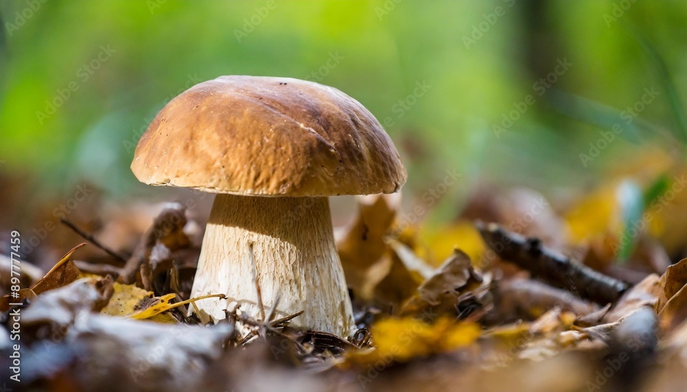 Porcini mushrooms among fallen leaves in the forest. Close-up.