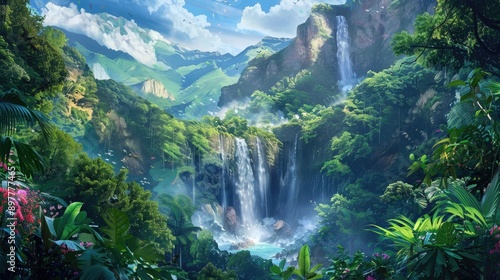 Lush Tropical Jungle Landscape with Cascading Waterfalls
