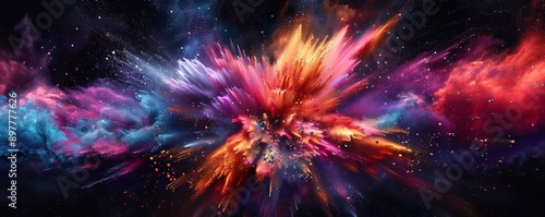 Abstract explosion of vibrant colorful powder on dark background