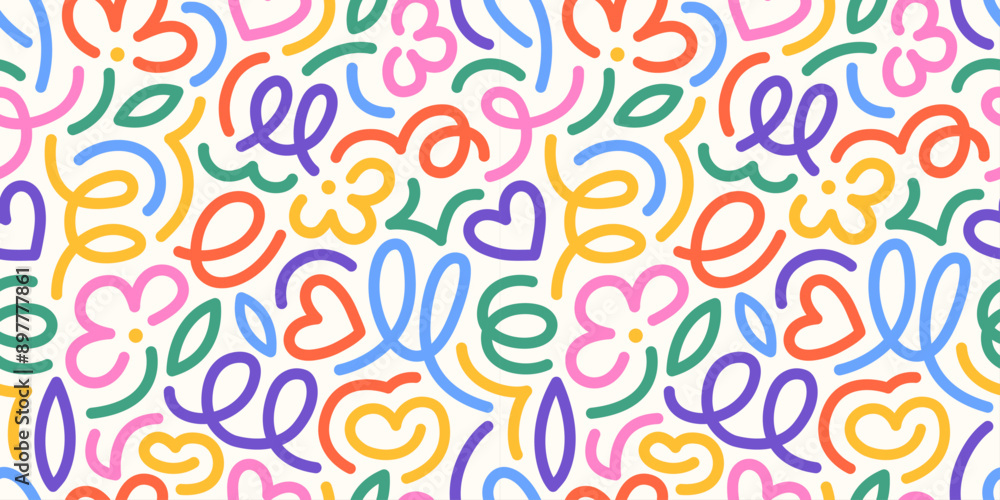 © Danchenko - A fun rainbow seamless pattern featuring line doodles. Funky confetti background. This creative, minimalist art background is perfect for children. Basic shapes in a simple, playful scribble style. © Danchenko - A fun rainbow seamless pattern featuring line doodles. Funky confetti background. This creative, minimalist art background is perfect for children. Basic shapes in a simple, playful scribble style.