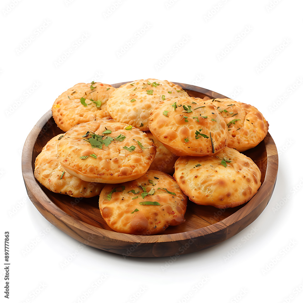 Board and plate of tasty Kachori with on white background. Board and plate of tasty Kachori with on white background.