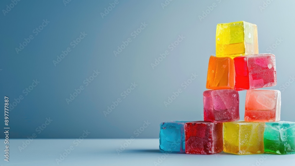 Colorful ice cubes stacked against blue background Colorful ice cubes stacked against blue background