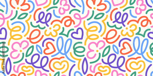 A fun rainbow seamless pattern featuring line doodles.  Funky confetti background. This creative, minimalist art background is perfect for children.  Basic shapes in a simple, playful scribble style.
