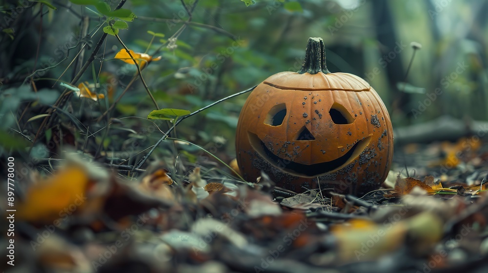A pumpkin with a smiley face on it sits on a forest floor A pumpkin with a smiley face on it sits on a forest floor