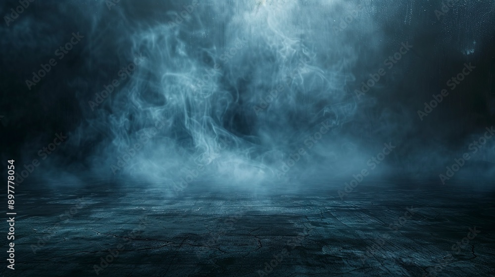 Fototapeta premium Horizontal image of dark and empty space of Studio grunge texture background with spot lighting and fog or mist in background.