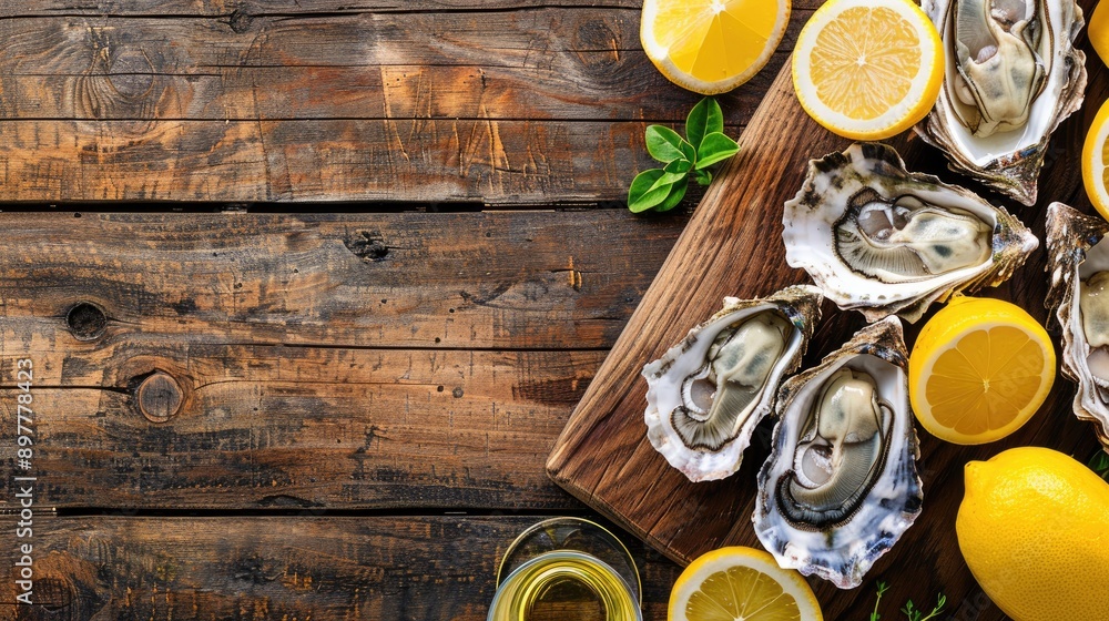 Oysters and Lemon on Wooden Board with Copy Space Oysters and Lemon on Wooden Board with Copy Space