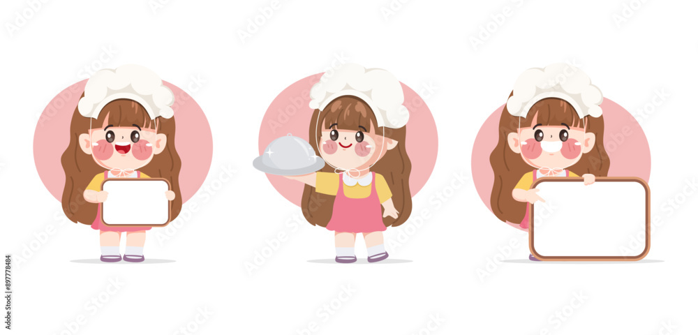 Cute chef woman in uniform character present menu sign. Design for promote bakery shop or food store. Cute chef woman in uniform character present menu sign. Design for promote bakery shop or food store.
